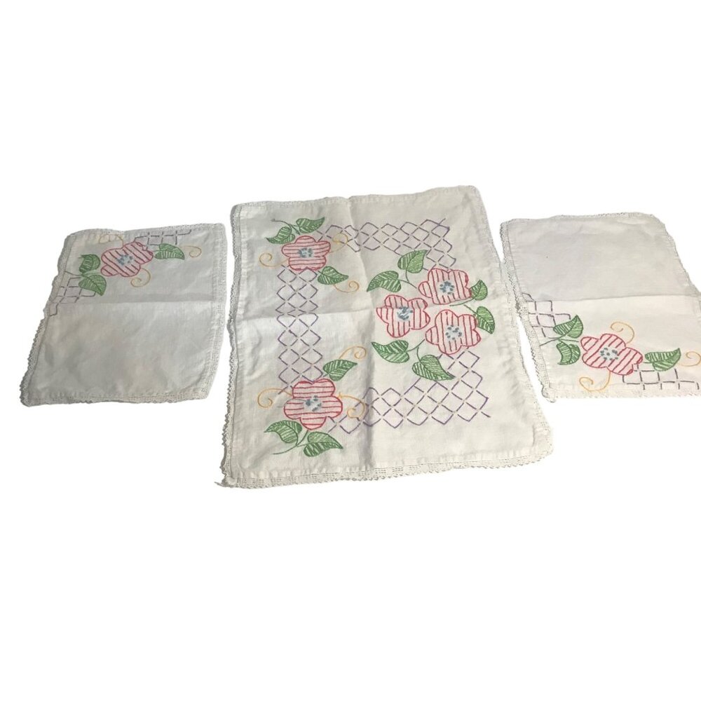 Vintage Hand-Embroidered Floral Linen Doilies Set Of 3